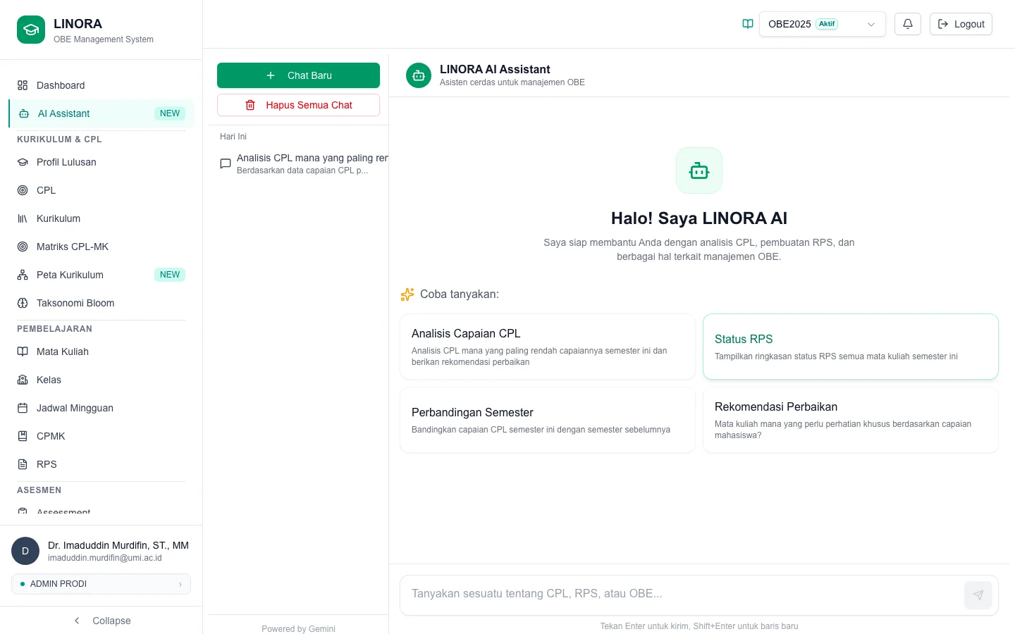 Tampilan fitur AI Assistant di LINORA