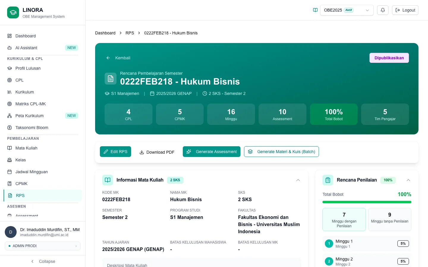 Tampilan fitur Materi & Kuis AI per Pertemuan di LINORA