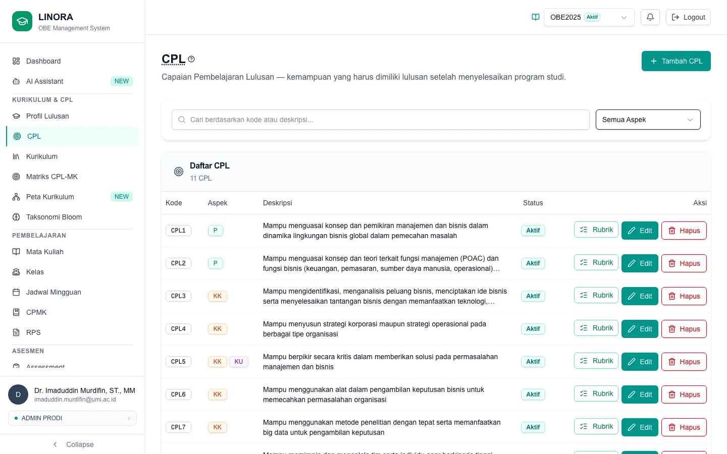 Tampilan fitur CPL + Rubrik Configurable di LINORA